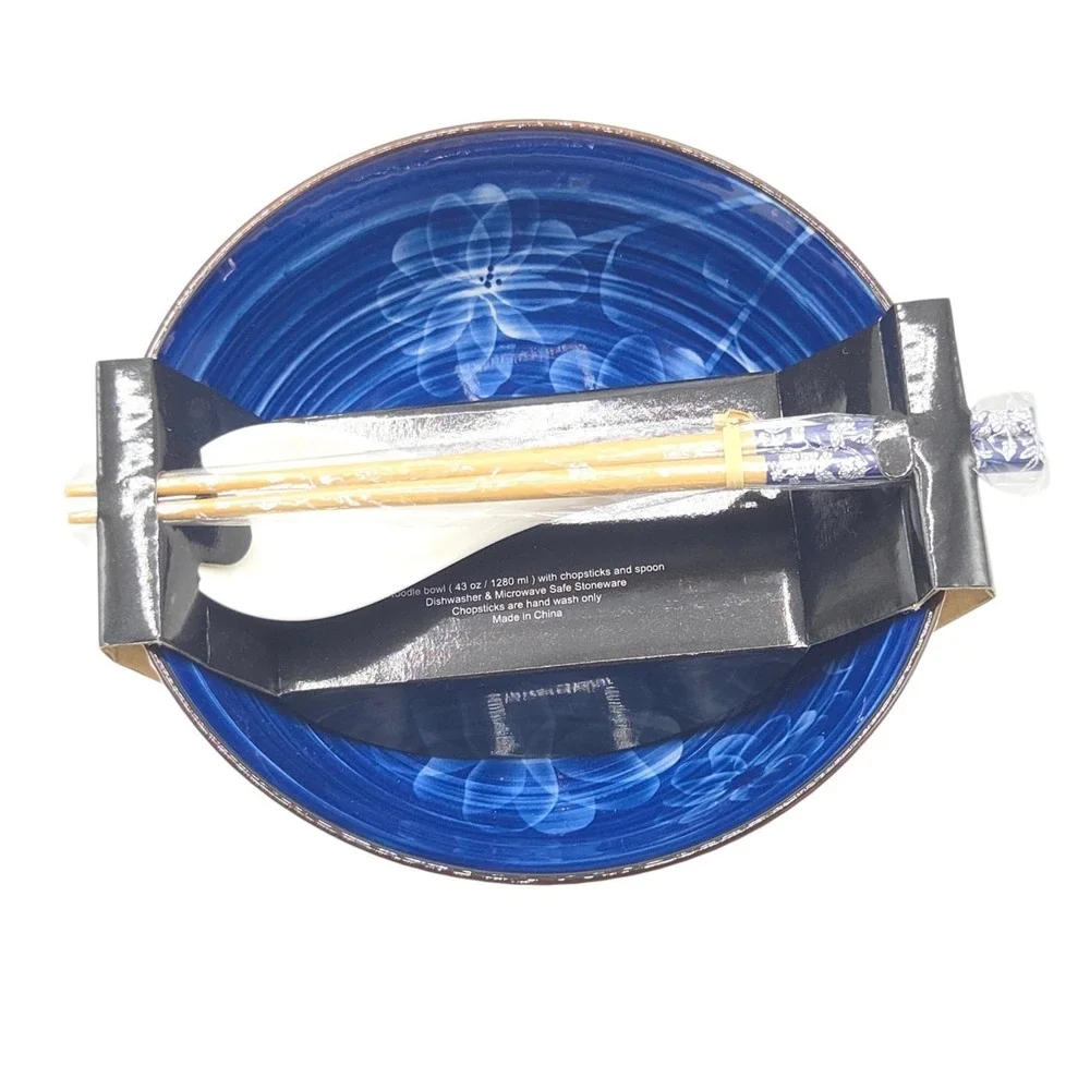 SH Home Asian Blue Floral‎ Ceramic Ramen Noodle Bowl With Chopsticks And Spoon